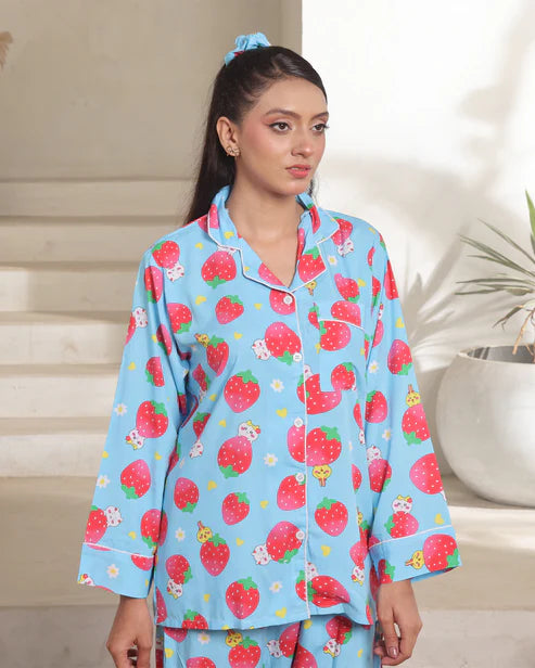 Linen Pajama Suit with Scrunchie - Strawberry Dream