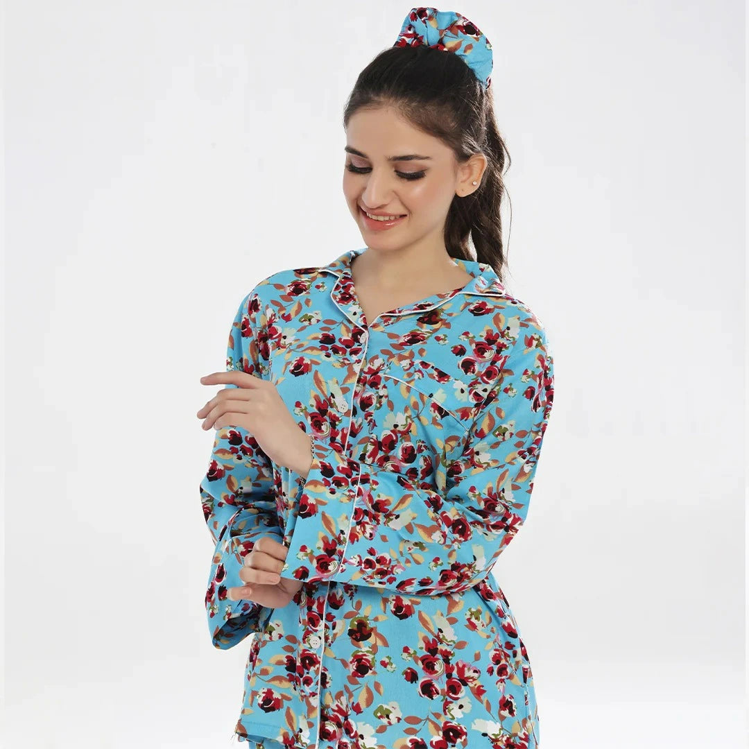 Linen Pajama Suit with Scrunchie - Cyan Comfort