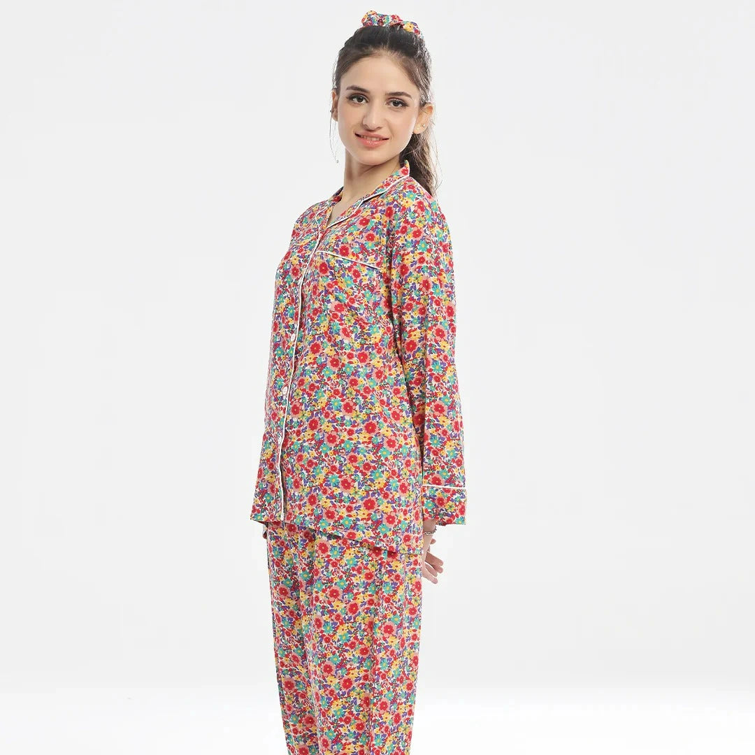Linen Pajama Suit with Scrunchie - Chic Bloom