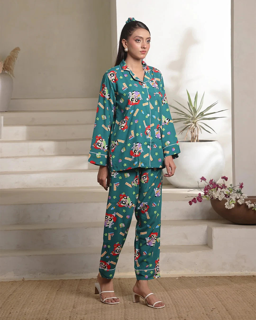 Linen Pajama Suit with Scrunchie - Green Vibe