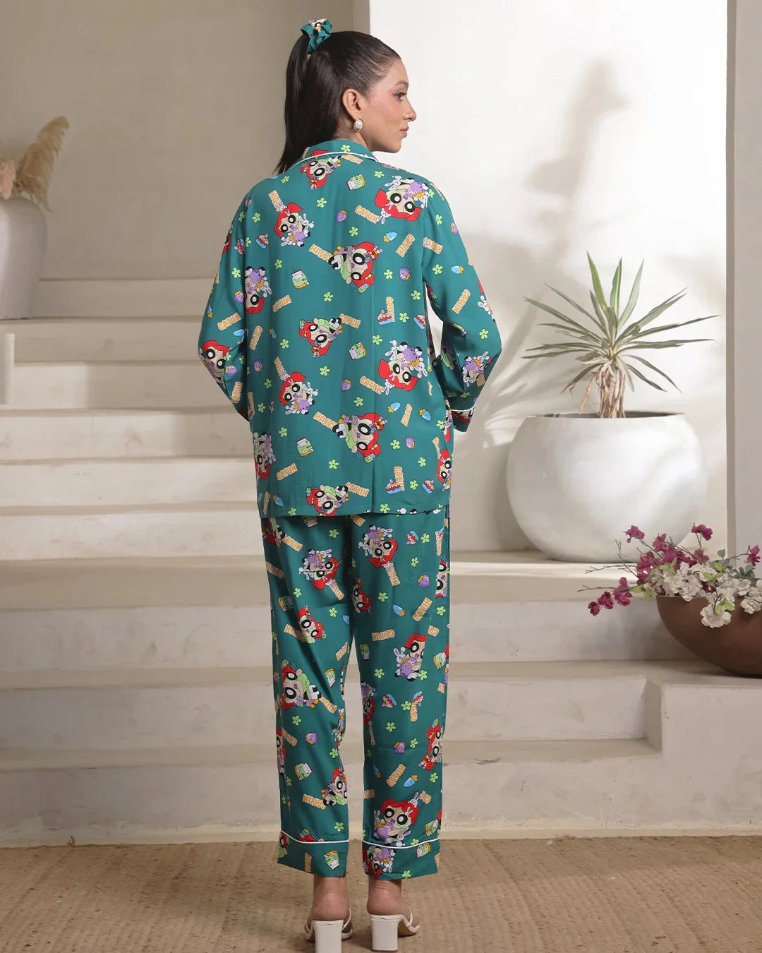 Linen Pajama Suit with Scrunchie - Green Vibe