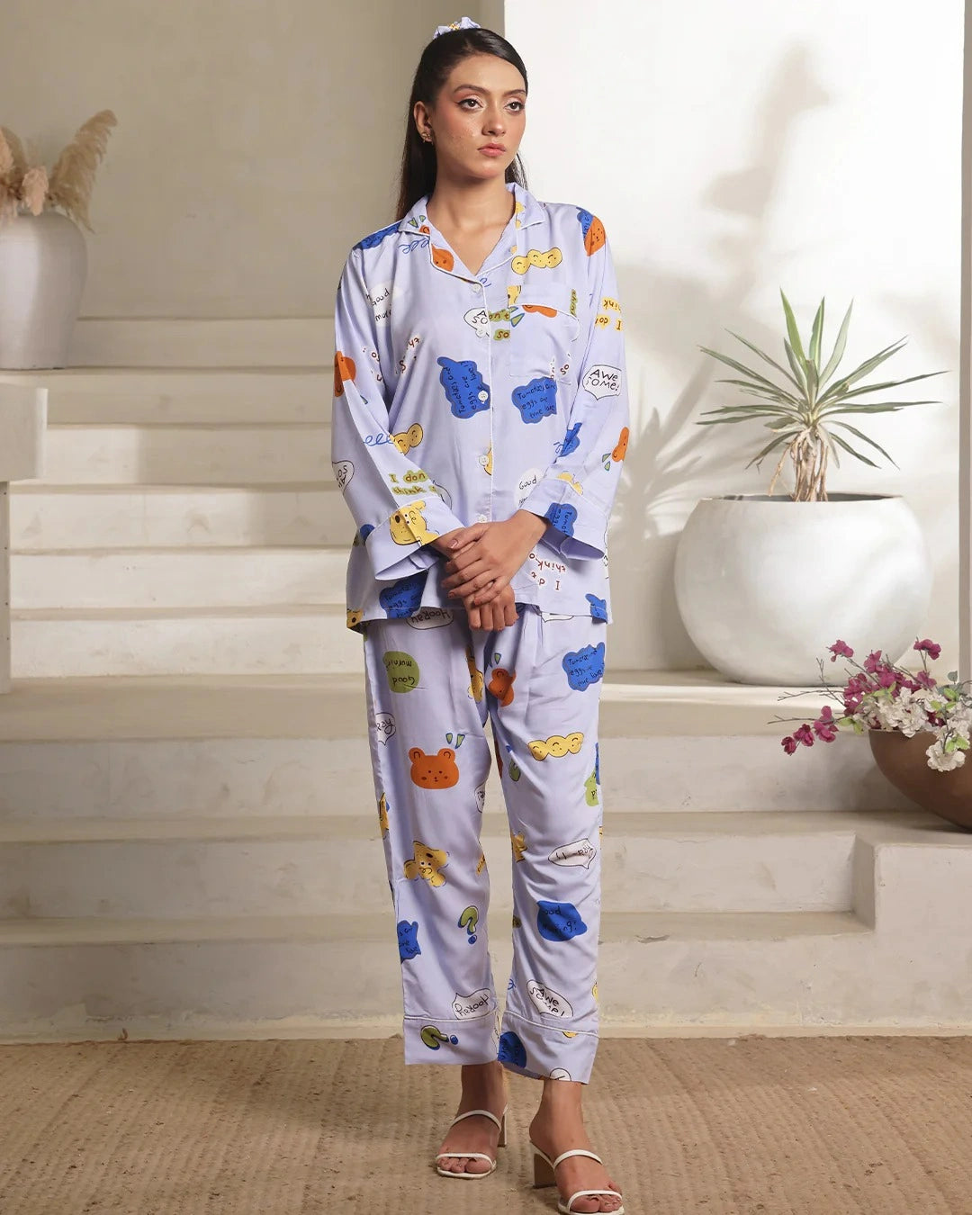 Linen Pajama Suit with Scrunchie - Happy Snooze