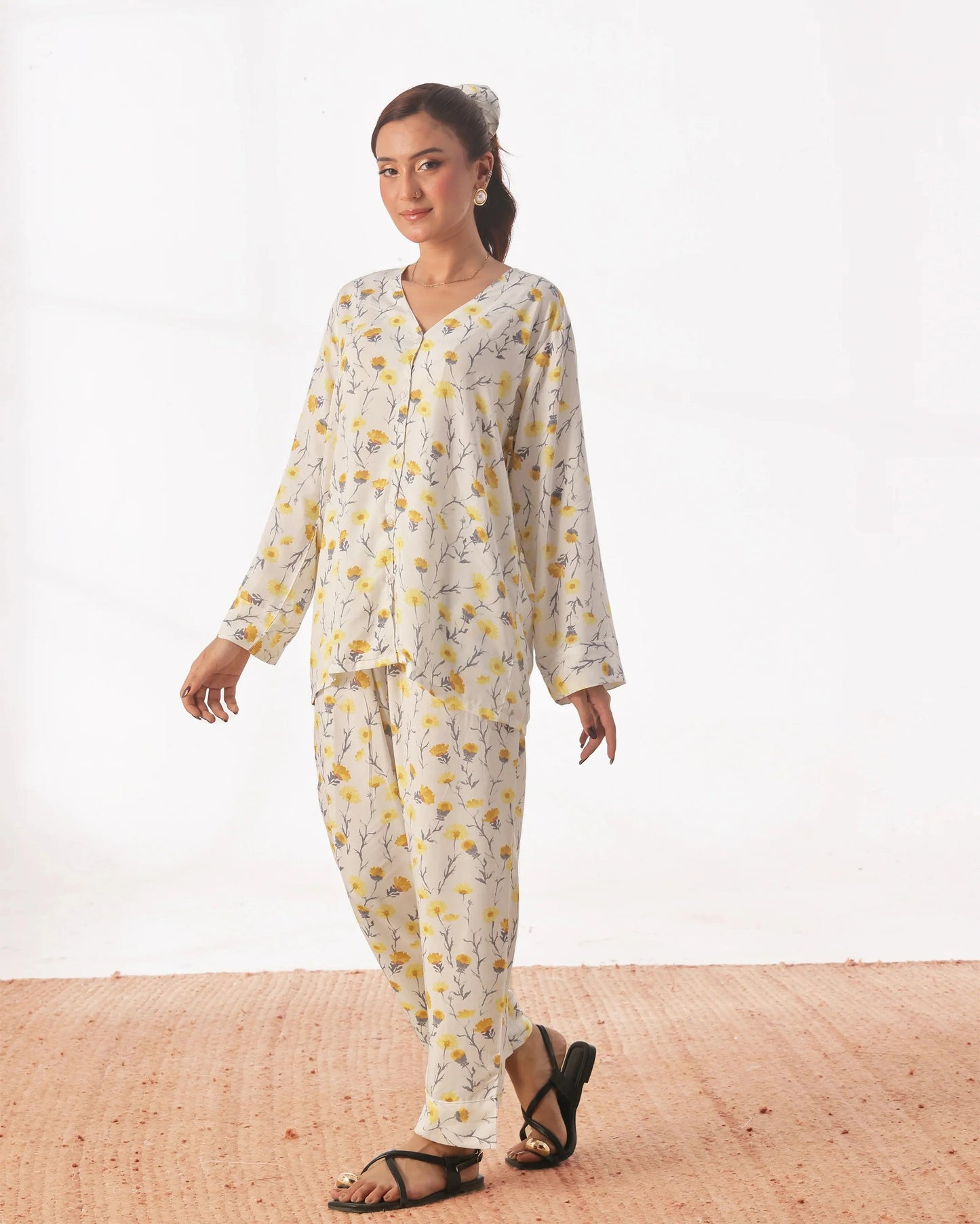 Linen Pajama Suit with Scrunchie - Sunlit Bloom