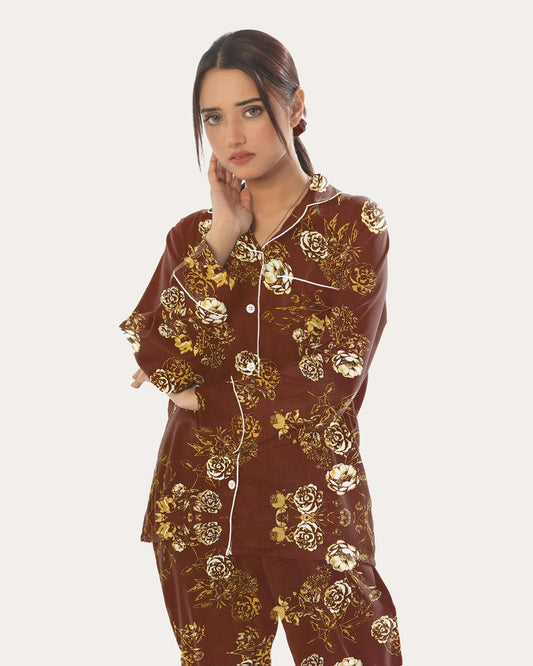 Linen Pajama Suit with Scrunchie - Bronze Bloom