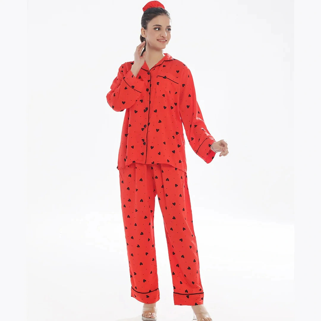 Black Hearts Linen Pajama Suit with Scrunchie
