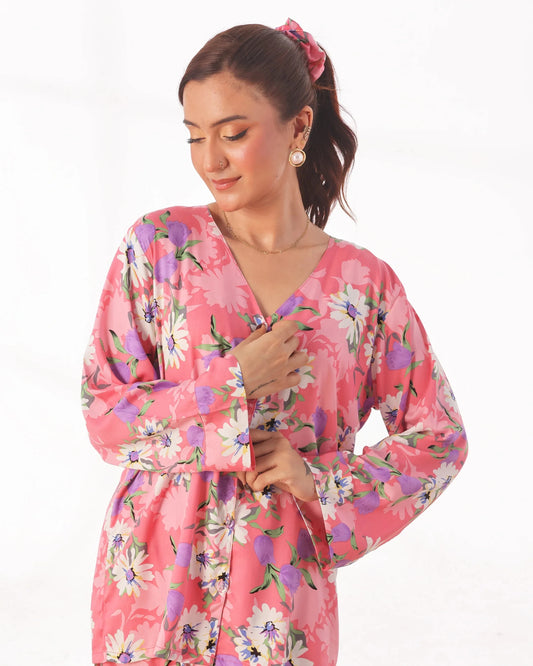 Linen Pajama Suit with Scrunchie - Blossom Hue