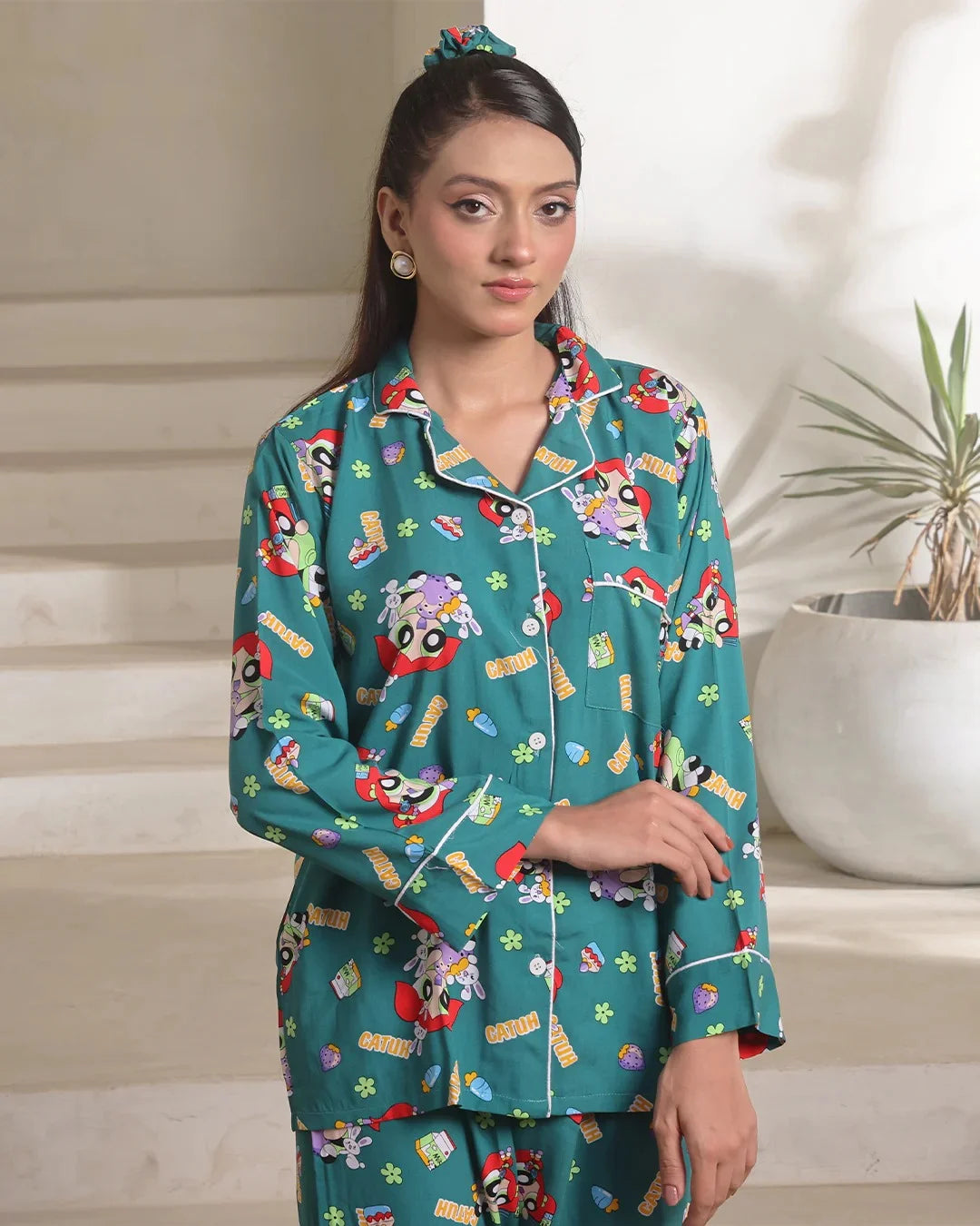 Linen Pajama Suit with Scrunchie - Green Vibe