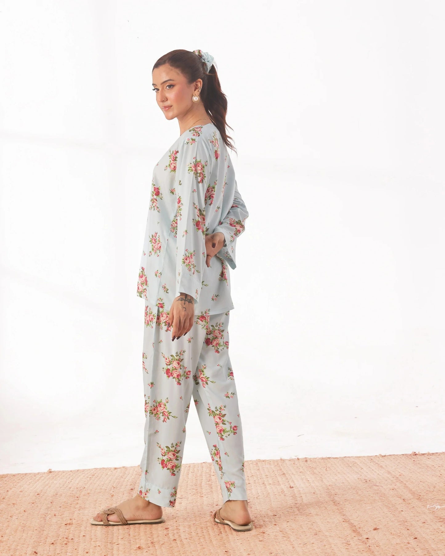 Linen Pajama Suit with Scrunchie - Rose Mist