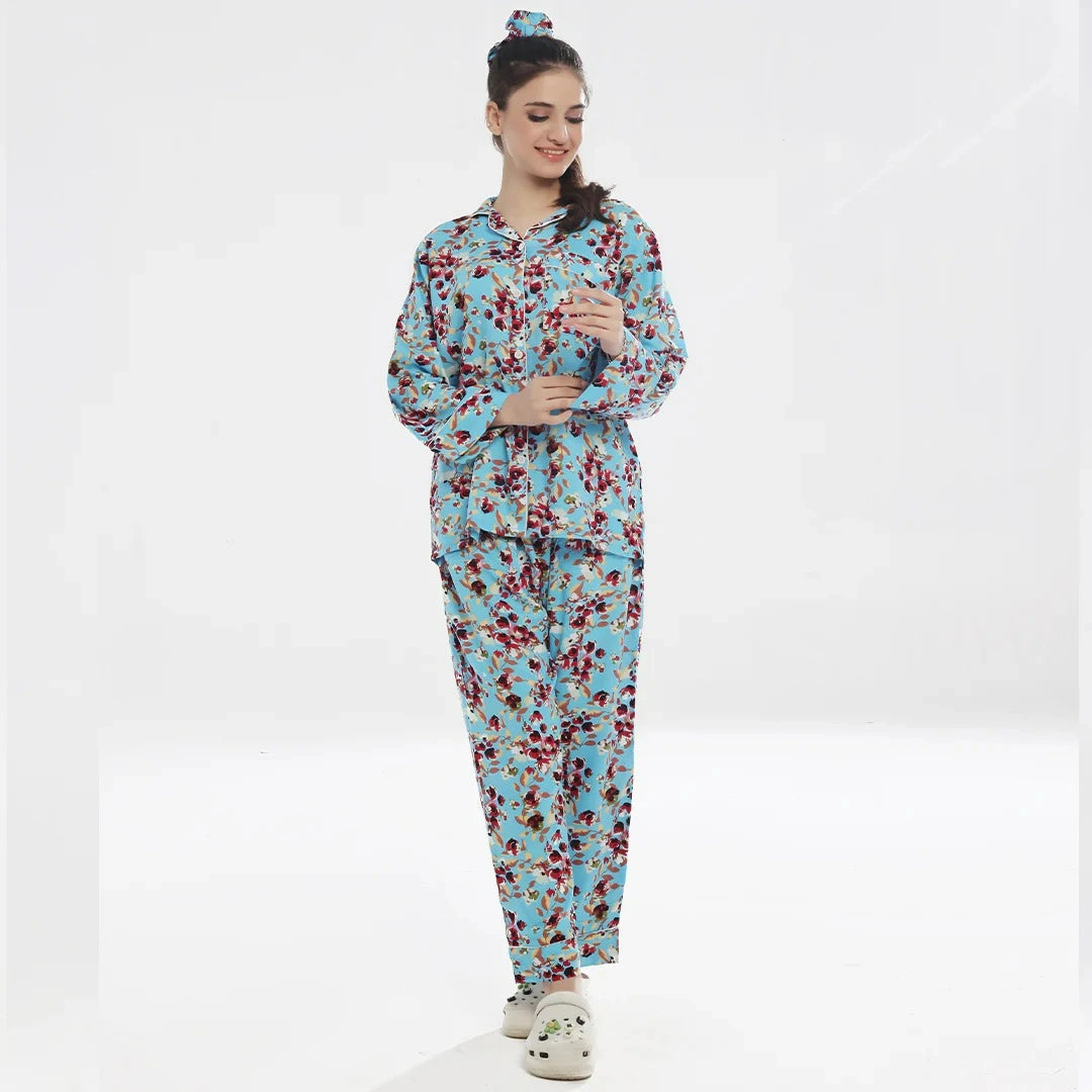 Linen Pajama Suit with Scrunchie - Cyan Comfort