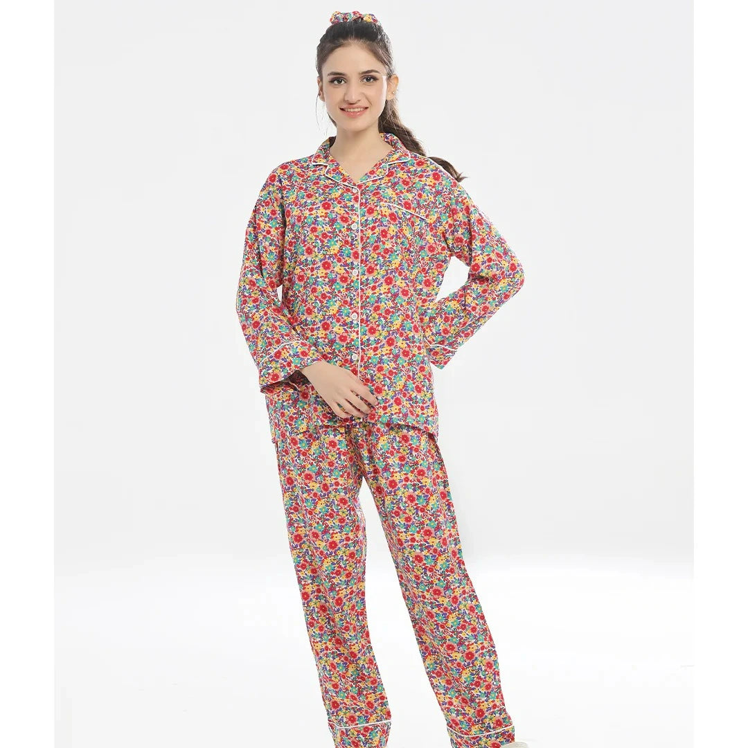 Linen Pajama Suit with Scrunchie - Chic Bloom