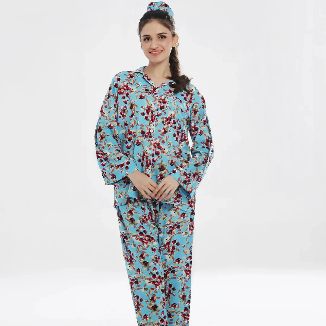 Linen Pajama Suit with Scrunchie - Cyan Comfort