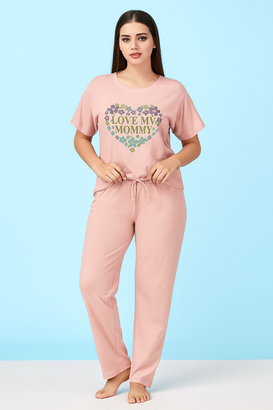 This is a women’s loungewear / nightwear set in a soft pastel pink color.