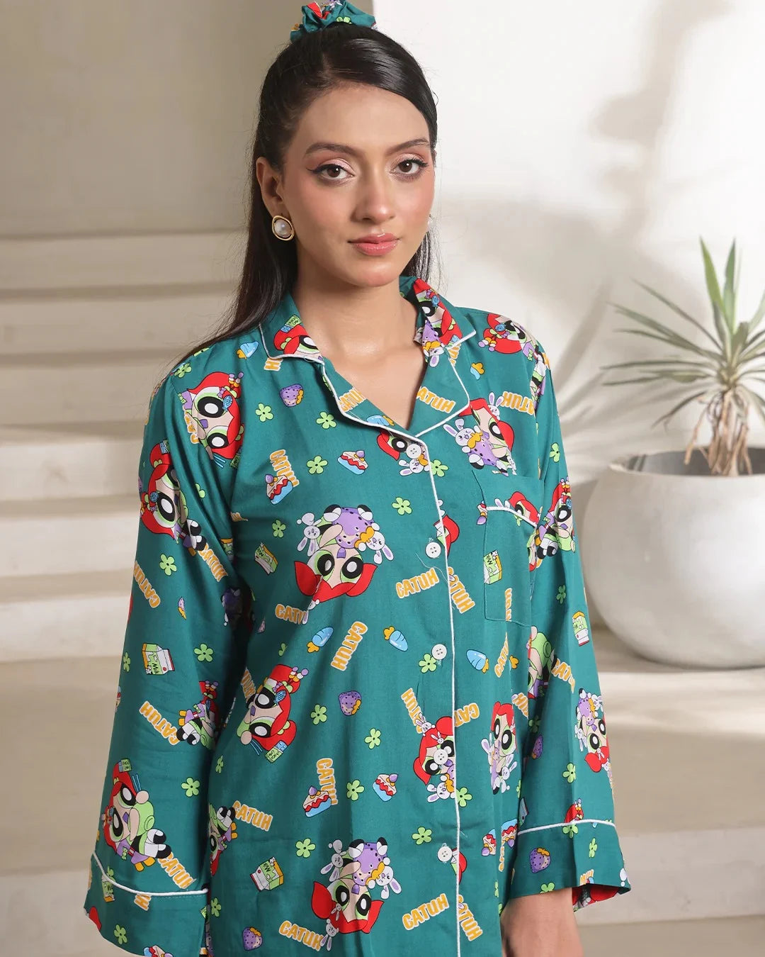 Linen Pajama Suit with Scrunchie - Green Vibe
