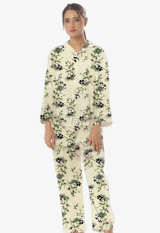 Linen Pajama Suit with Scrunchie - Cute Panda