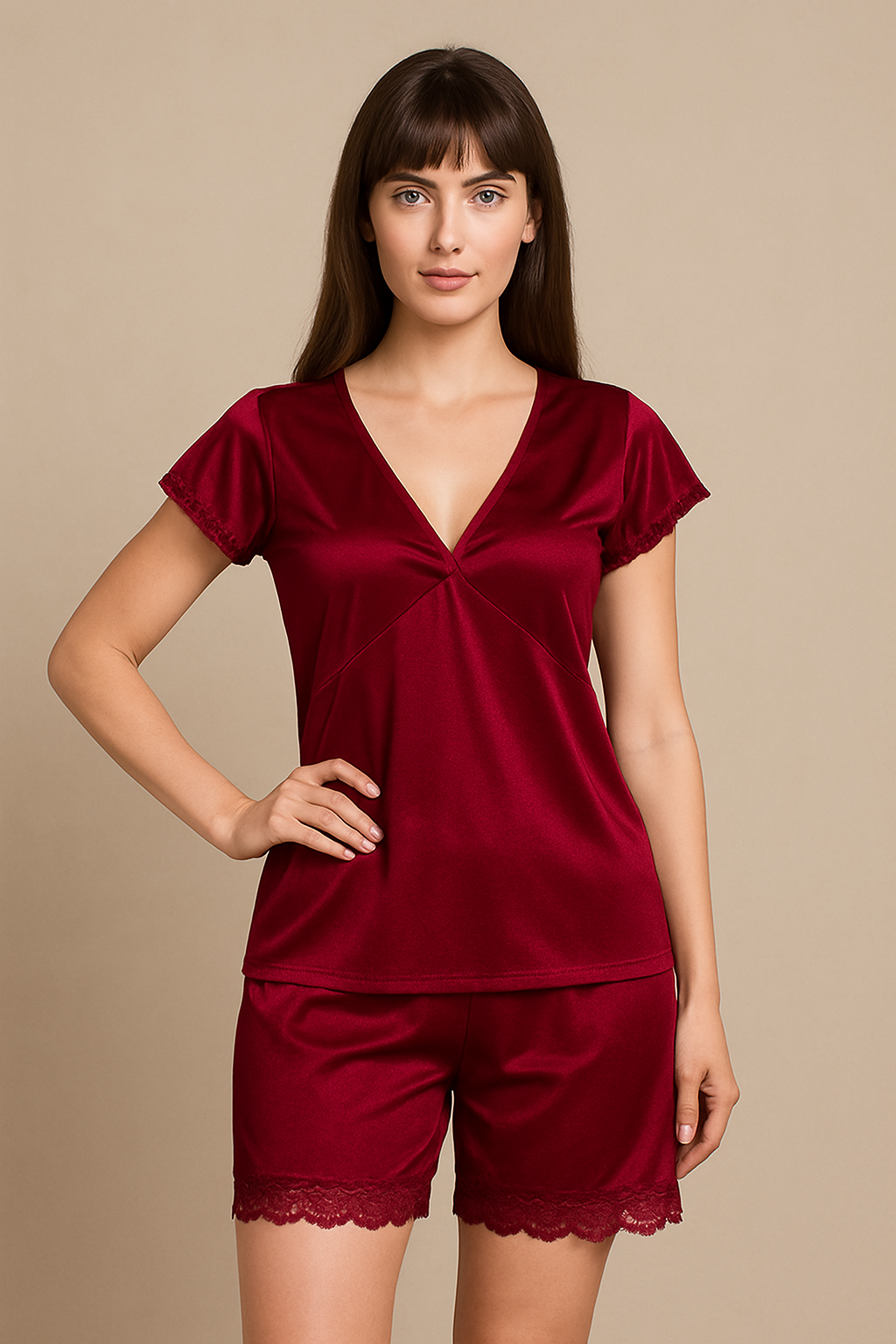 This is a 2-piece women’s short nightwear set designed in luxurious satin fabric.
