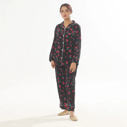 Cherry Linen Pajama Suit with Scrunchie