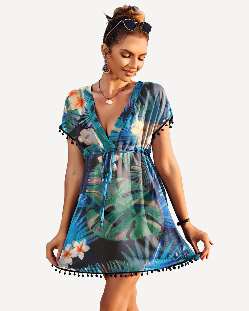 Leaf Print Chiffon Sheer Swimsuit