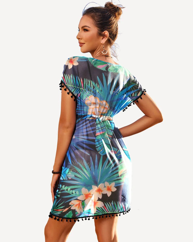 Leaf Print Chiffon Sheer Swimsuit